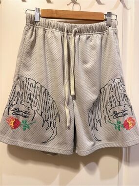 Civil Regime Men's Light Gray Mesh Shorts with Graphic Rose Detail